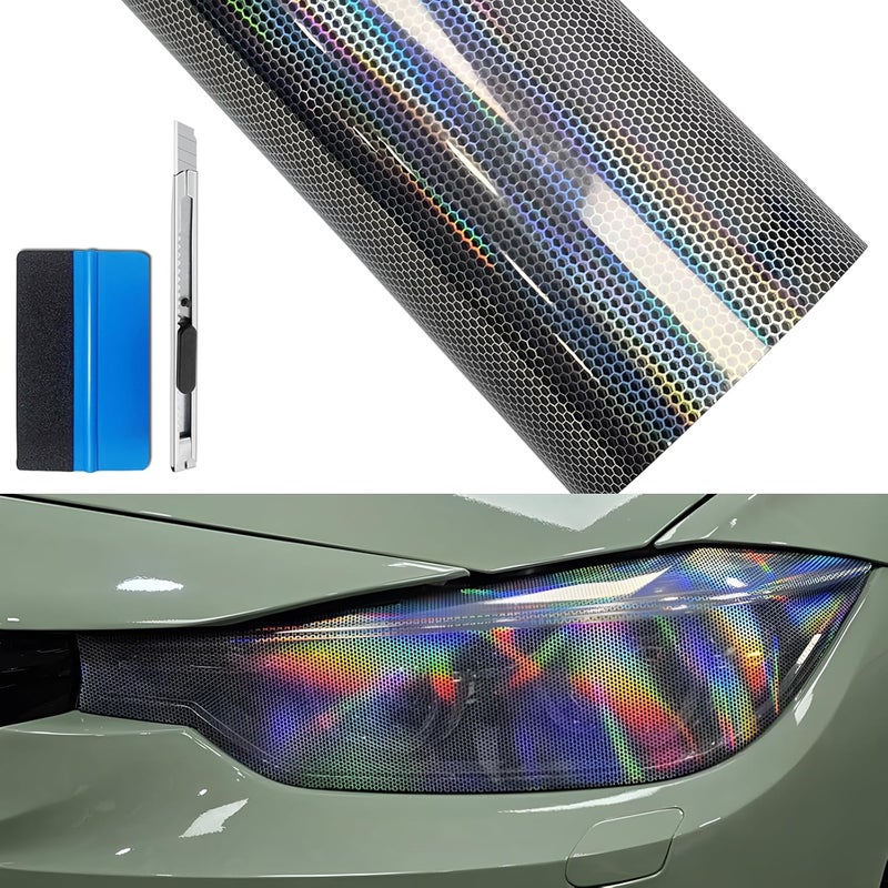fangfei 12 by 20 inches Self Adhesive Auto Car Tint Headlight Taillight Fog Light Vinyl Smoke Film Sheet Sticker Cover (Chameleon Perforated) - Image 1